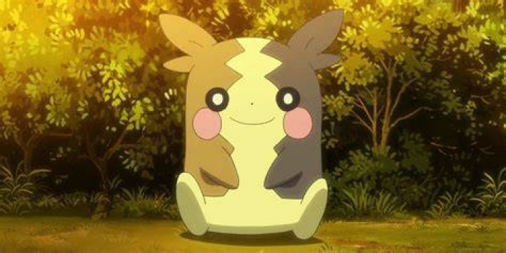 A smiling Morpeko sitting on the grass in the Pok&eacute;mon anime