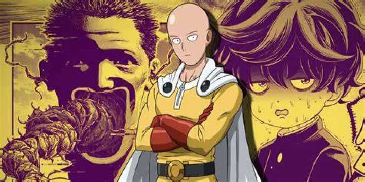 A split image features Saitama in One Punch Man, Kaguya in Naruto, and Mob in Mob Psycho 100