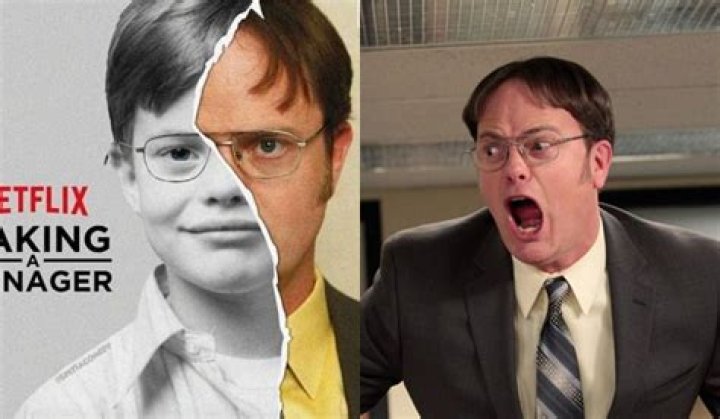 A split image of Dwight's farm and Pam working in the fields in The Office