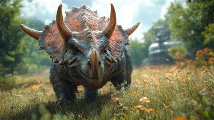 A Triceratops wandering through a field with tourists in Jurassic World