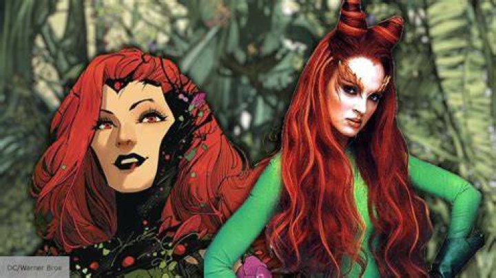 Batman villain Poison Ivy sitting on a throne made of vines surrounded by various plants and trees