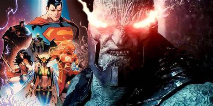 Darkseid destroying the Justice League on a comic cover.