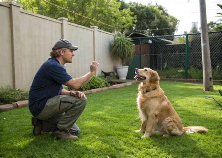 Dog trainer teaching a Golden retriever obedience