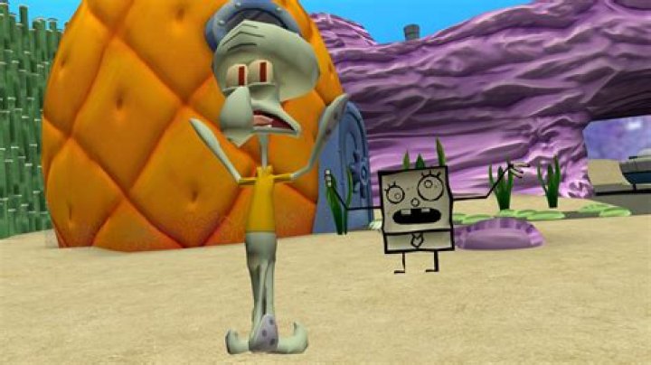 DoodleBob about to drop Squidward while SpongeBob and Patrick watch