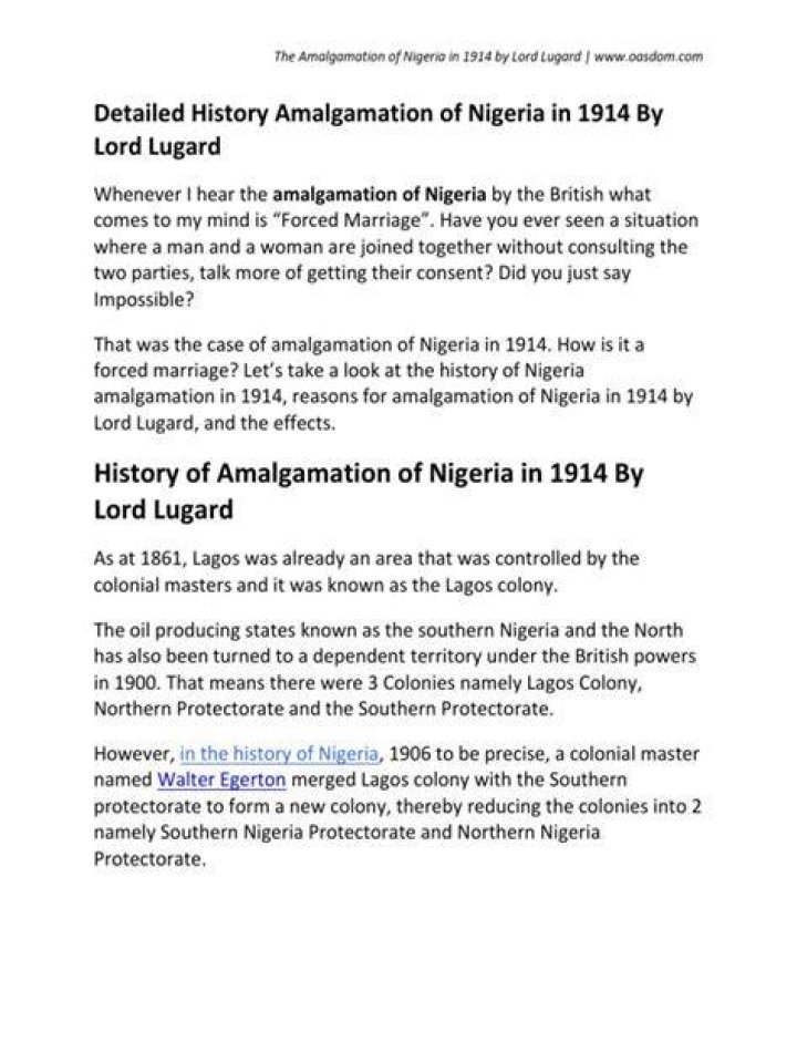 [Explained] Amalgamation of Nigeria in 1914 By Lord Lugard Oasdom
