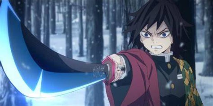 Giyu pointing his sword at someone in Demon Slayer