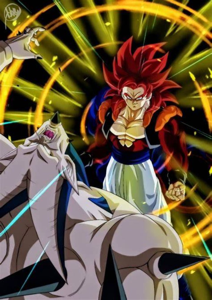 Gogeta elbows Omega Shenron in the face in Dragon Ball GT