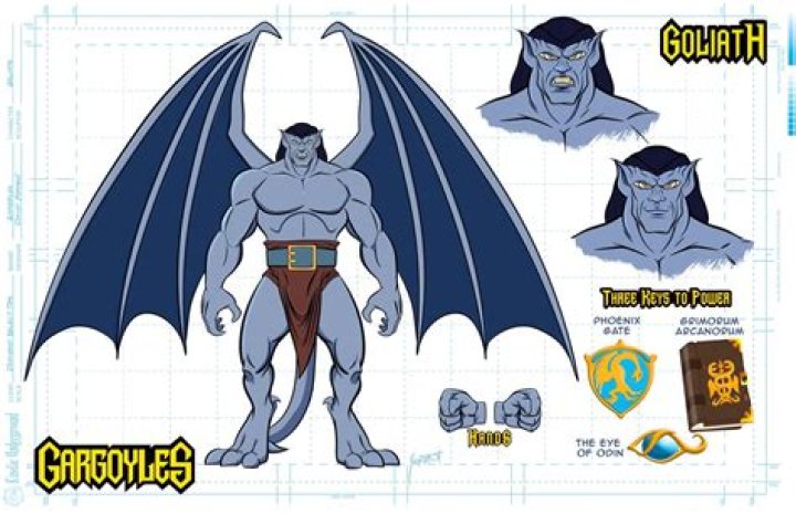 Goliath and two gargoyle companions look down at a human in Gargoyles.