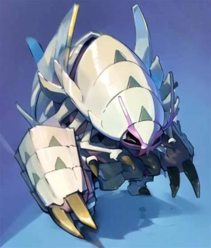 Golisopod stands against a blue sky in the Pokemon anime.