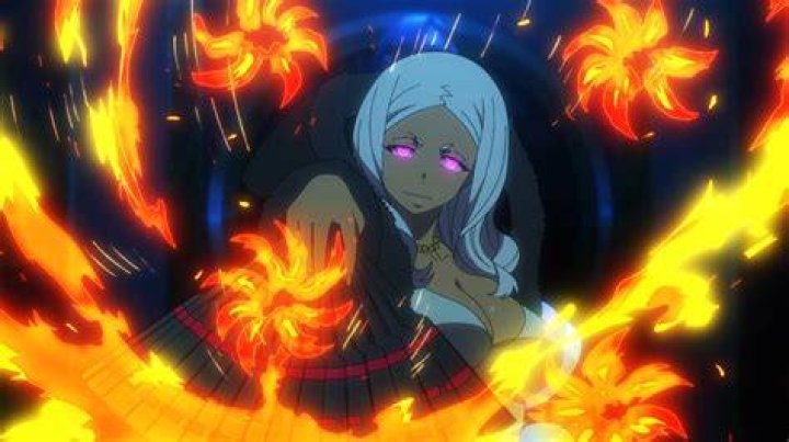 Hibana from Fire Force with her fan on fire in the rain.