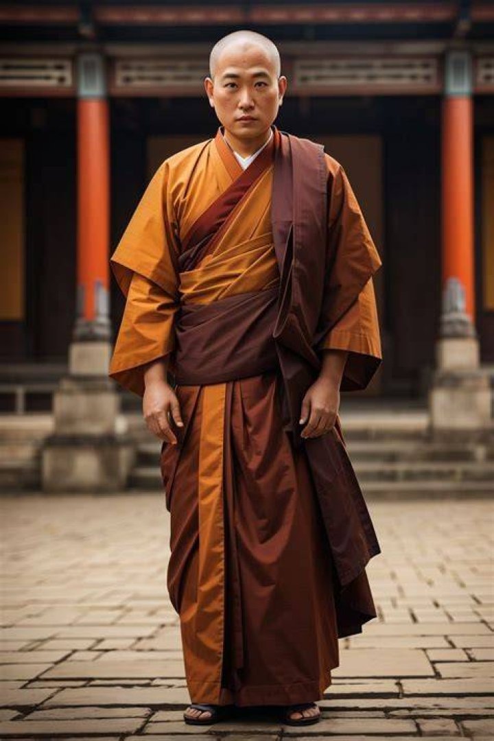 Jason in Buddhist monk clothes sitting solemnly