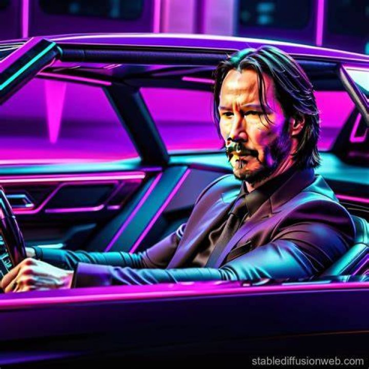 Keanu Reeves driving a car with a gun in hand in John Wick 4
