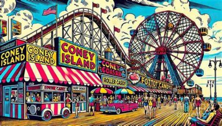 Key art of Coney Island at night in Marvel's Spider-Man 2, showing a roller coaster, midway games, string lights, and fireworks along the boardwalk.