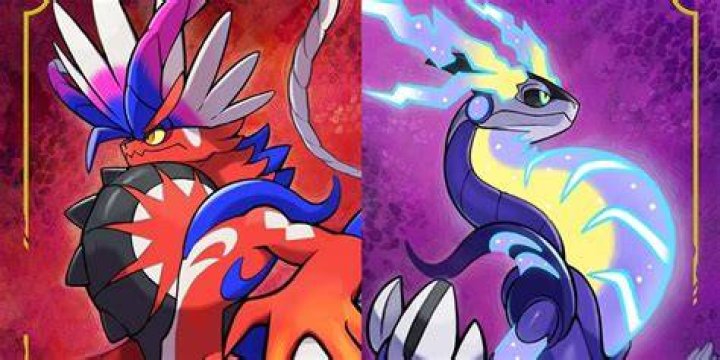 Koraidon and Miraidon in their Ride Forms side by side with players on their backs, and Pokemon Scarlet and Violet's three starters in the middle.