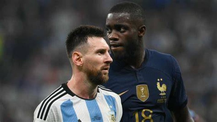 Lionel Messi and Dayot Upamecano during the 2022 FIFA World Cup 2022 final at Lusail Stadium