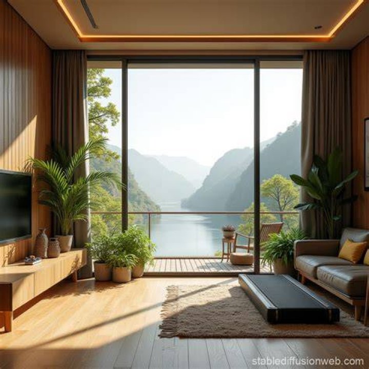 Loft-inspired living room with river views