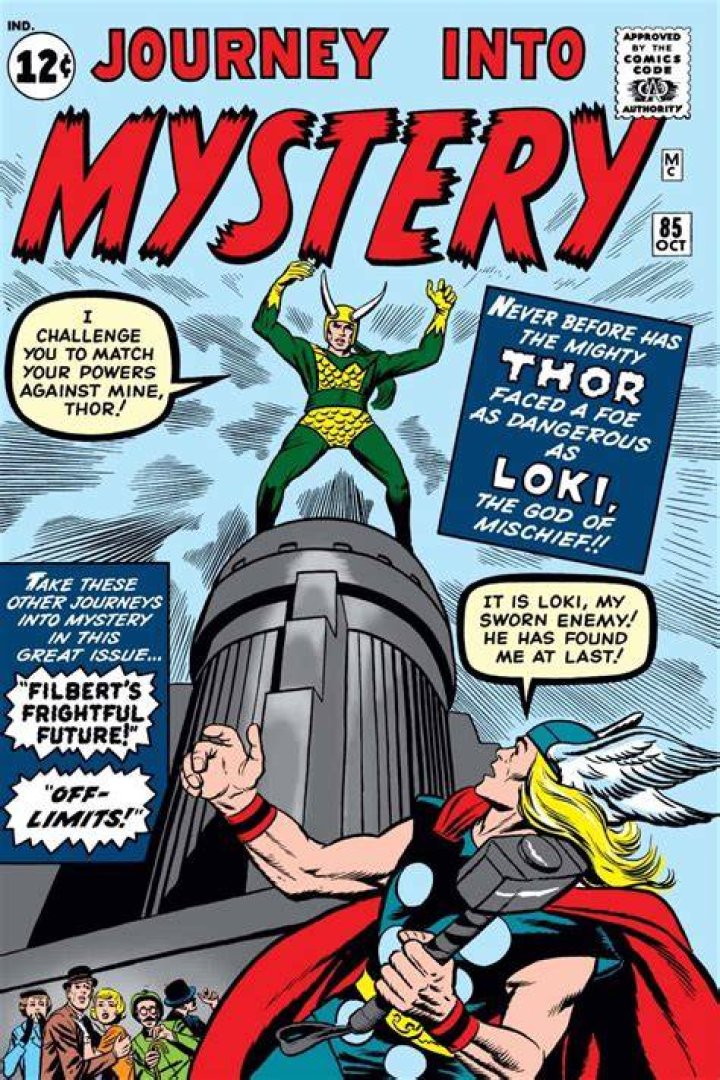 Loki first appearance in Marvel Comics Journey into Mystery 85 in a green-yellow outfit with horns