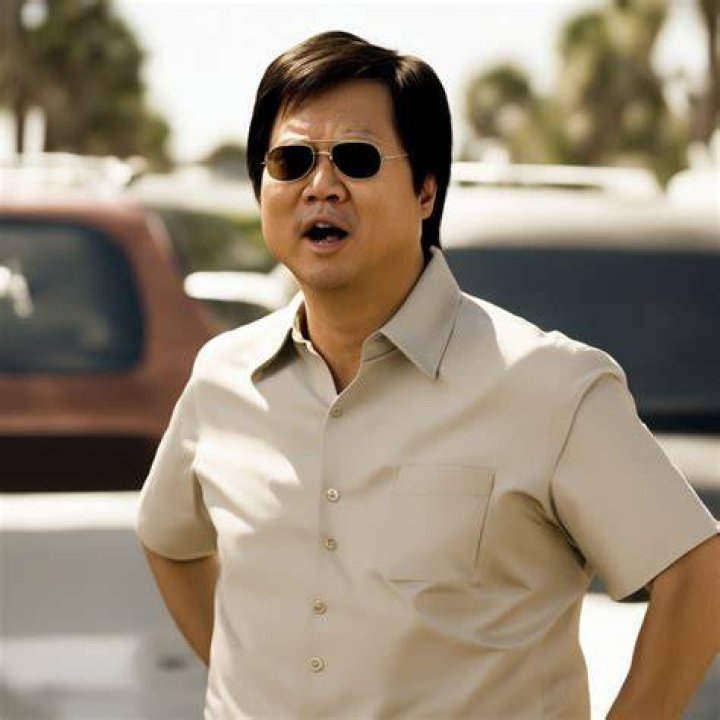 Mr Chow standing by his car with guards on The Hangover