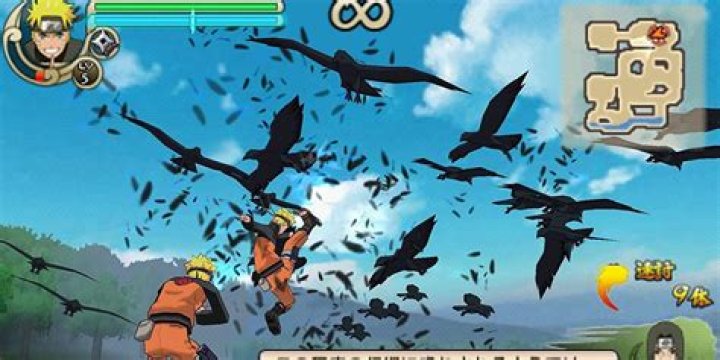 Naruto attacking birds in a still from Ultimate Ninja Impact