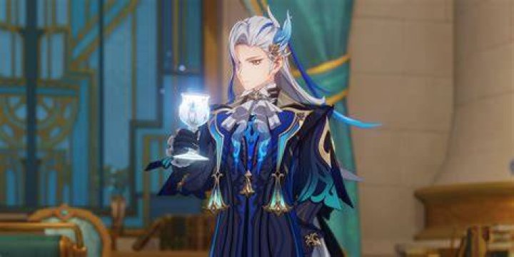 Neuvillette from Genshin Impact holding a chalice of water while standing in his office.