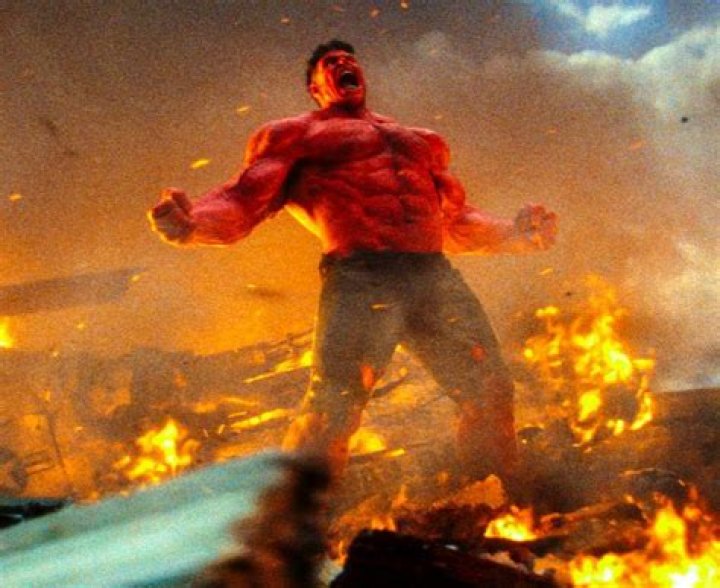 Red Hulk breathing fire.