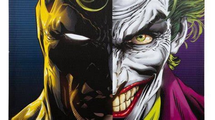 Split image: Batman waits in the shadows/ Joker does an evil smile