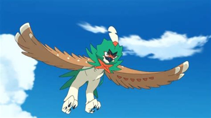 Split image of Decidueye flying & Primarina in a stadium in the Pokemon anime series.