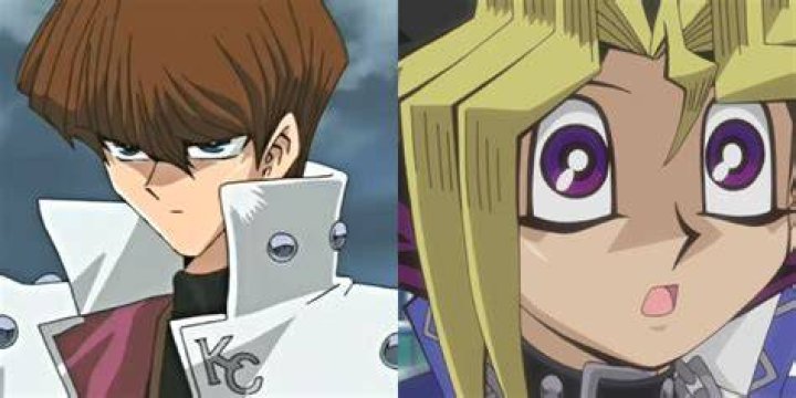 Split image of Kaiba looking sullen and Yugi looking suprised