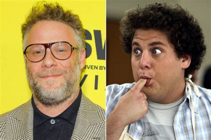 Split image of Seth Rogen, Steve Carell, and Jane Lynch from The 40-Year-Old Virgin with the movie’s logo on top