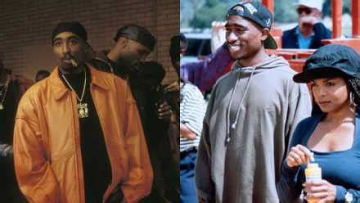 Split image of Tupac walking in Juice and standing with Janet Jackson in Poetic Justice