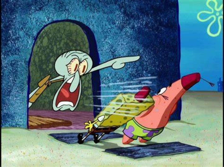 Squidward angry while Patrick and Spongebob sit in a box