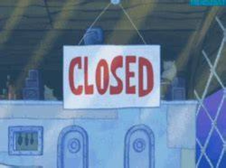 Squidward flipping the closed sign on a customer