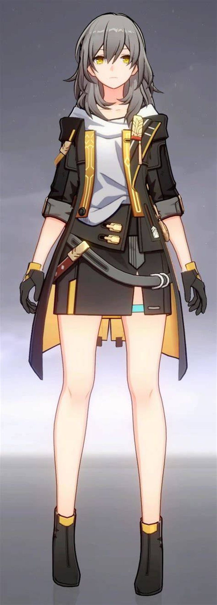 Stella, the female Trailblazer from Honkai: Star Rail, sitting on a red couch aboard the Astral Express.