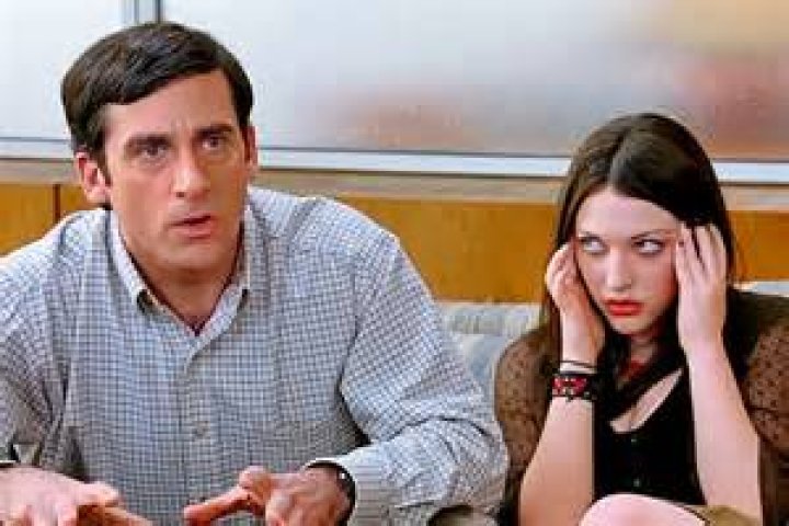 Steve Carell and Kat Dennings sitting down in The 40-Year-Old Virgin