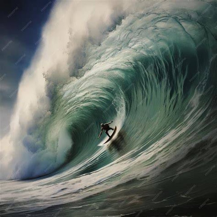 Surfer riding large wave