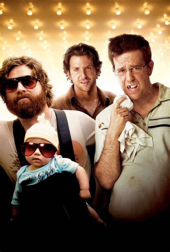 The cast of The Hangover look on in a composite image from the first movie