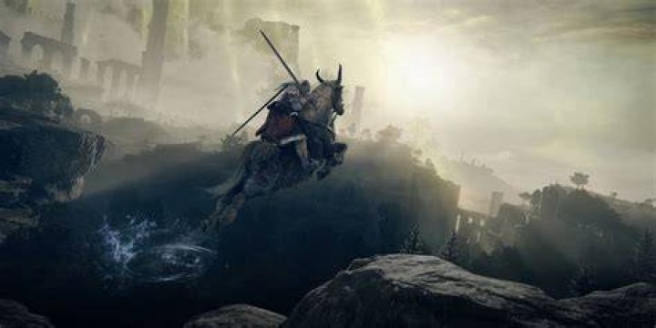 The Tarnished riding and leaping through the air on Torrent.