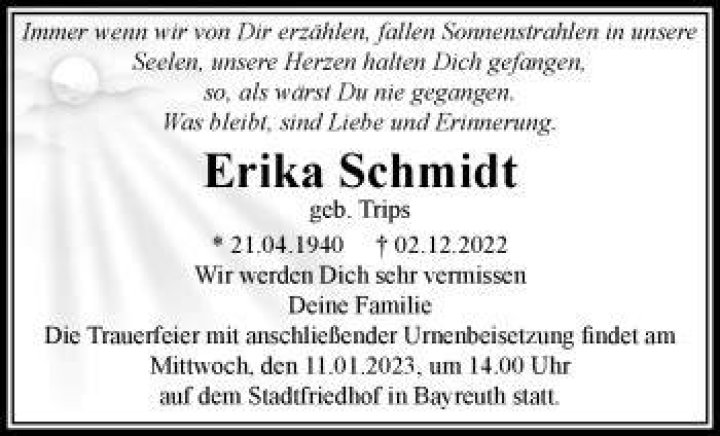 Traueranzeigen von Erika Schmidt Nordbayerischer Kurier