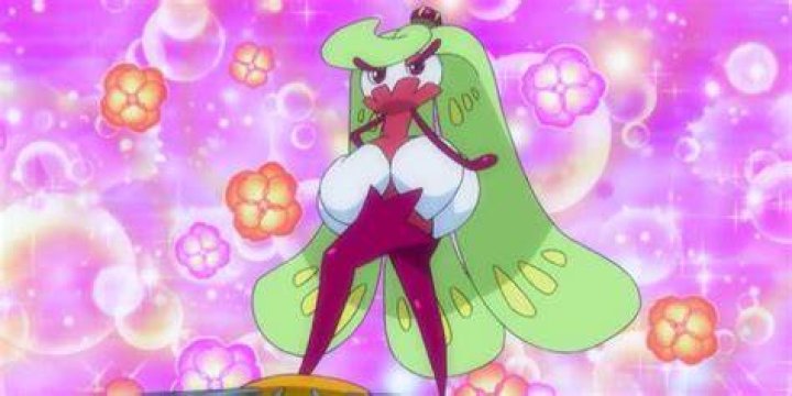 Tsareena posing on top of a gym structure in the Pok&eacute;mon anime