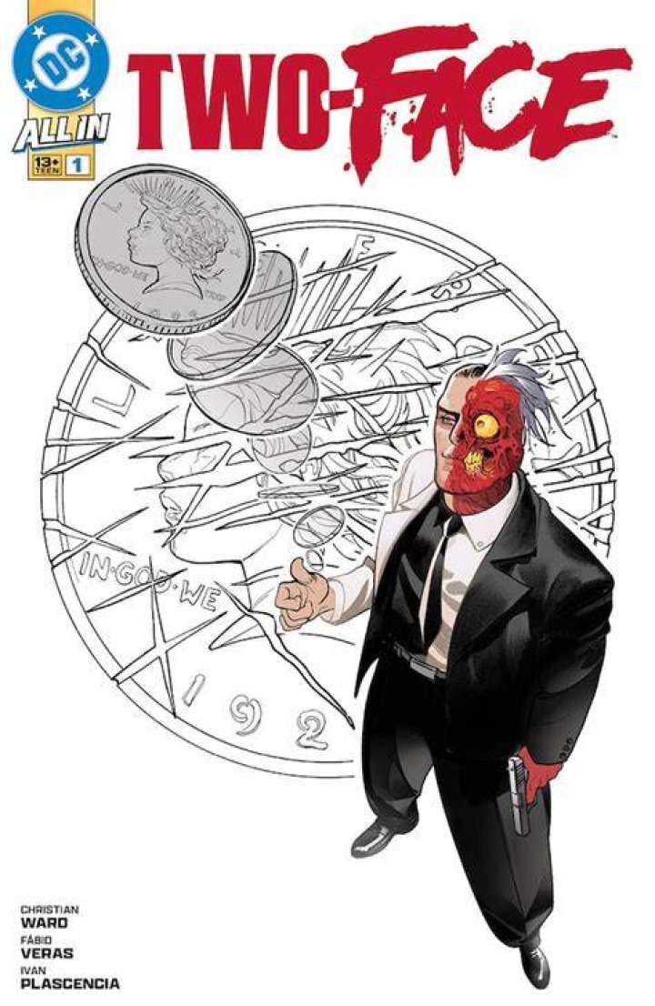 Two-Face on the cover of the comic Batman Arkham Two-Face with a menacing expression holding a gun