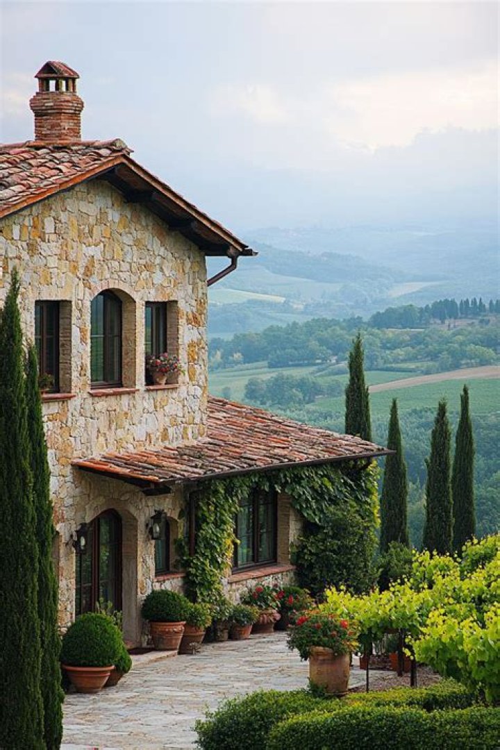 View of Italian villas on the water at dusk
