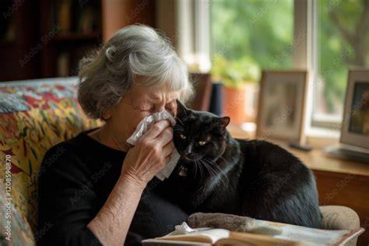 woman sneezing near her cat