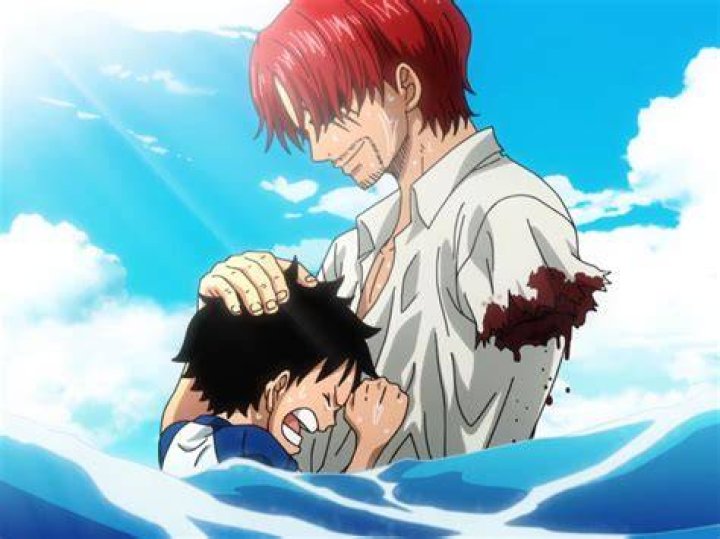 Young Luffy and Shanks from One Piece with Uta in the background